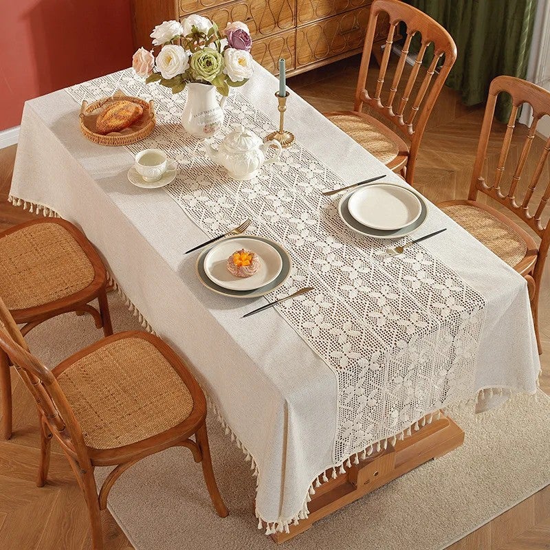Bluejw American Style Pastoral Tablecloth, Solid Color, Light Luxury Lace and Lace Stitching Technology Tablecloth - Image 3